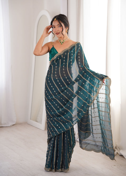 Teal Green Fendi Satin Sequence Embroidery Saree