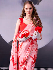 Orange Digital Print Satin Silk Saree