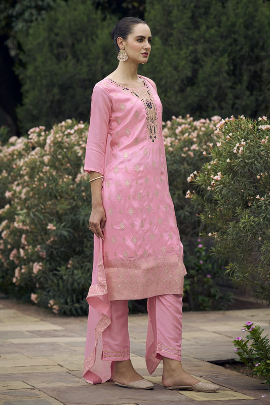 Ethnic Motifs Woven Design Zari Straight Kurta With Trousers & Dupatta