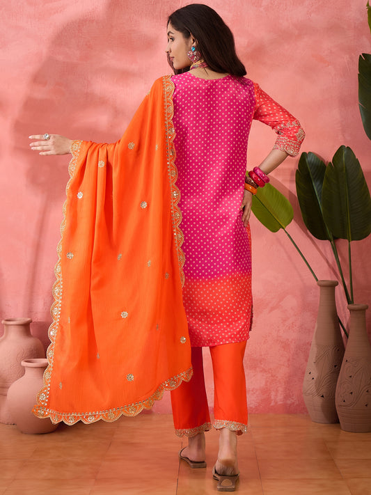 Magenta and Orange Chinon Pant Style Suit
