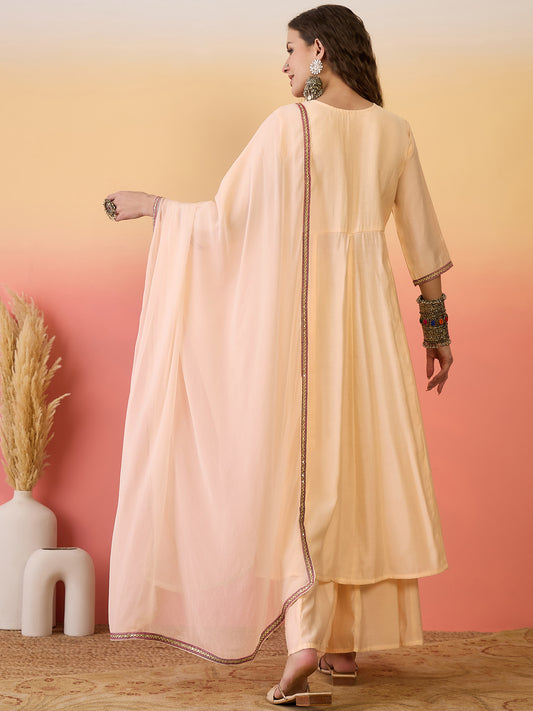 Embroidered Work Silk Palazzo Salwar Suit In Cream Color