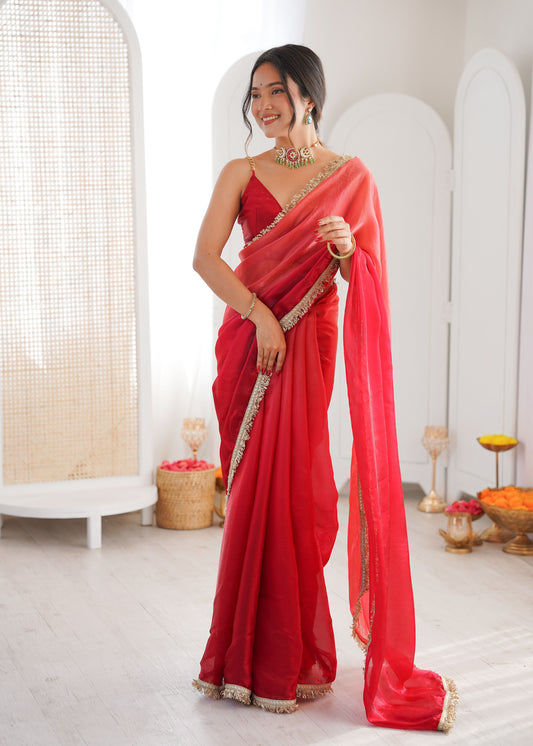 Red Shaded Satin Lace Work Saree