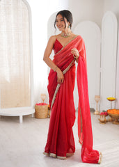 Red Shaded Satin Lace Work Saree