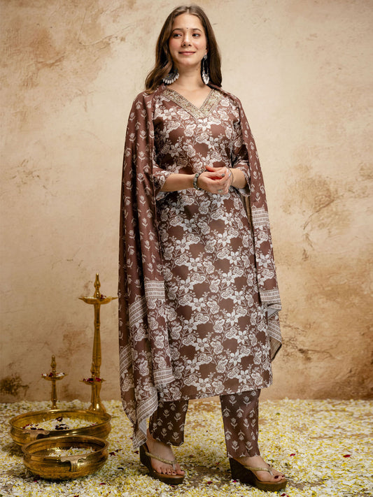 Brown Digital Print Chanderi Cottan Partywear Kurta Set