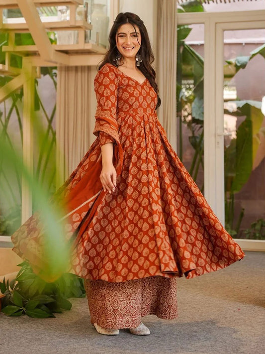 Rust Digital Print Cottan Anaraki Style Suit