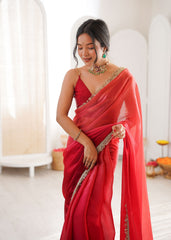 Red Shaded Satin Lace Work Saree