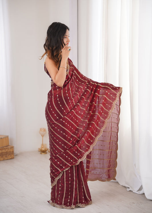 Maroon Fendi Satin Sequence Embroidery Saree