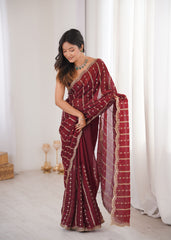 Maroon Fendi Satin Sequence Embroidery Saree