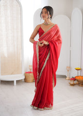 Red Shaded Satin Lace Work Saree