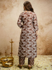 Brown Digital Print Chanderi Cottan Partywear Kurta Set