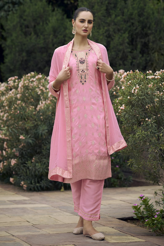 Ethnic Motifs Woven Design Zari Straight Kurta With Trousers & Dupatta