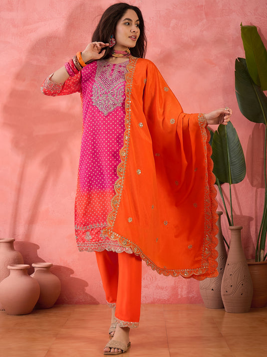 Magenta and Orange Chinon Pant Style Suit
