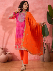 Magenta and Orange Chinon Pant Style Suit