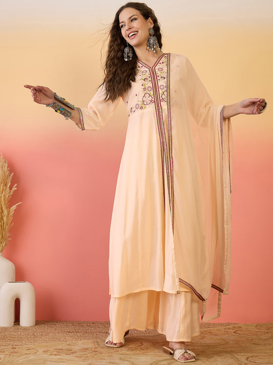 Embroidered Work Silk Palazzo Salwar Suit In Cream Color