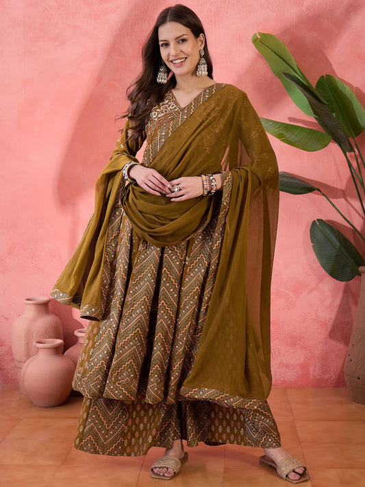 Brown Silk Salwar Suit with Embroidered and Print Work for Ceremonial