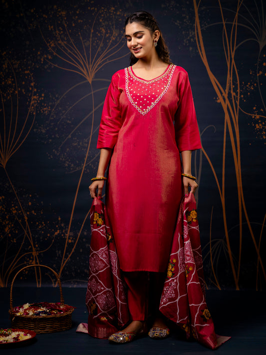 Women Red Kurta and Pant Sets Simar Silk fabric