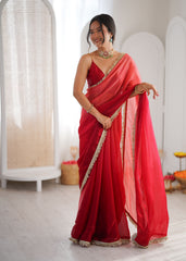 Red Shaded Satin Lace Work Saree