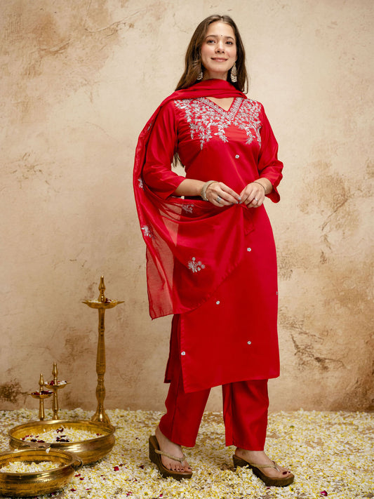 Red Embroiderd Chanderi Cottan Partywear Kurta Set