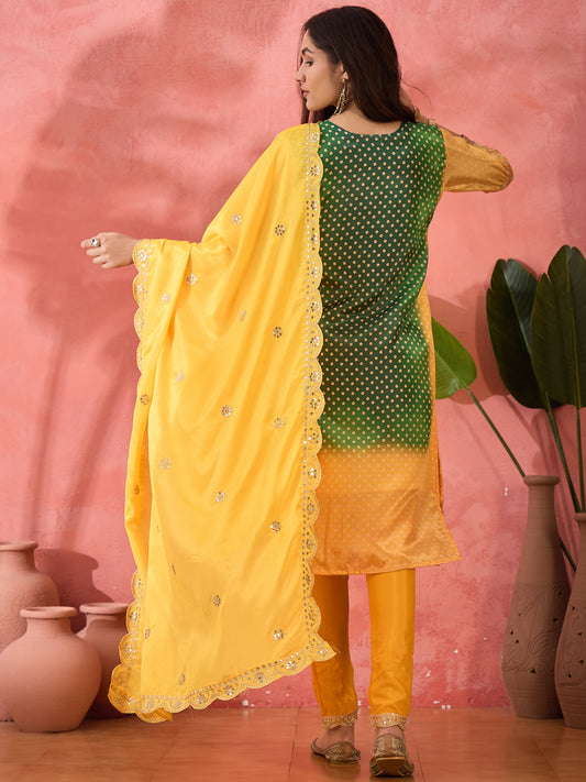 Green and Yellow Chinon Embroidered, Sequins and Zari Work Salwar Suit