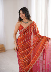 Rust Fendi Satin Sequence Embroidery Saree