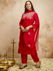 Red Embroiderd Chanderi Cottan Partywear Kurta Set