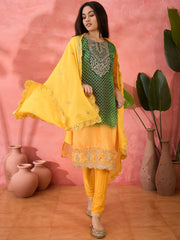 Green and Yellow Chinon Embroidered, Sequins and Zari Work Salwar Suit