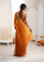 Mustard Shaded Satin Lace Work Saree