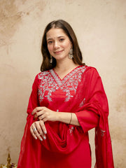 Red Embroiderd Chanderi Cottan Partywear Kurta Set