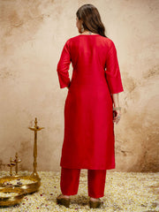 Red Embroiderd Chanderi Cottan Partywear Kurta Set
