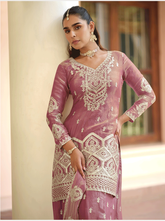Pink Premium Tora Silk Embroidered Palazzo Suit
