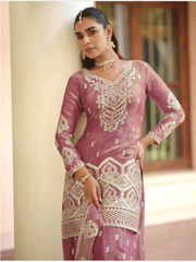 Pink Premium Tora Silk Embroidered Palazzo Suit