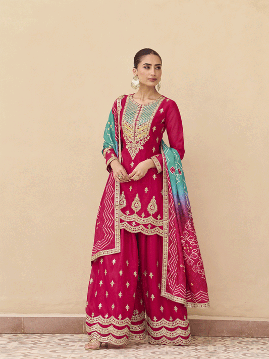 Pink Premium Tora Silk Embroidered Palazzo Suit