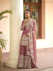 Pink Premium Tora Silk Embroidered Palazzo Suit