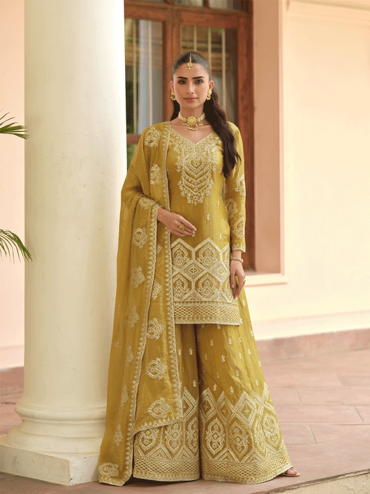 Mustard Premium Tora Silk Embroidered Palazzo Suit