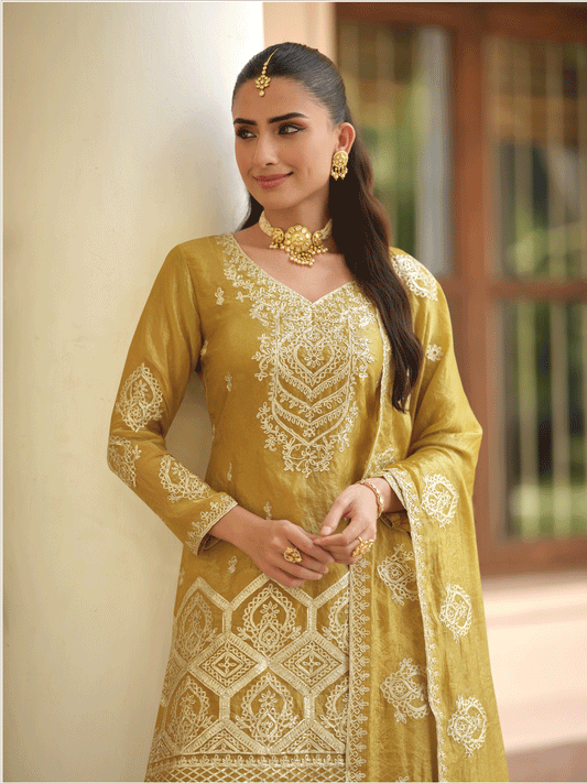 Mustard Premium Tora Silk Embroidered Palazzo Suit