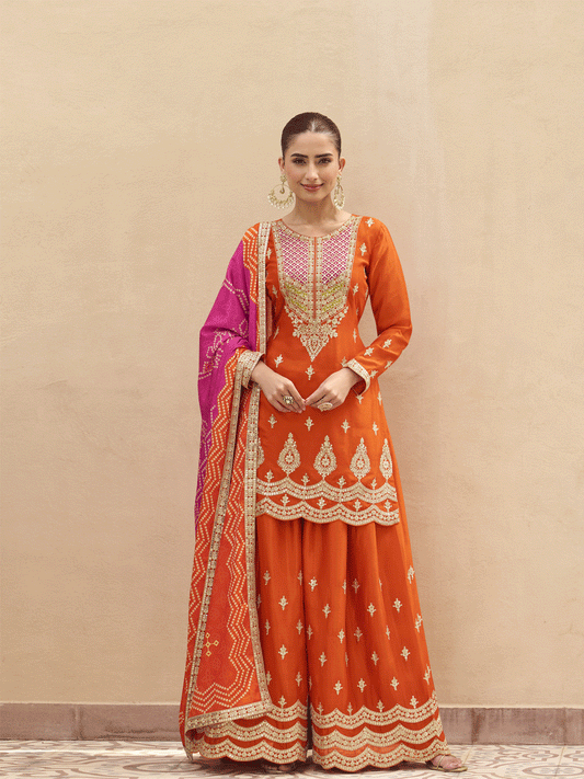 Beige Premium Tora Silk Embroidered Palazzo Suit