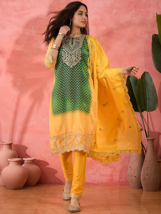 Green and Yellow Chinon Embroidered, Sequins and Zari Work Salwar Suit
