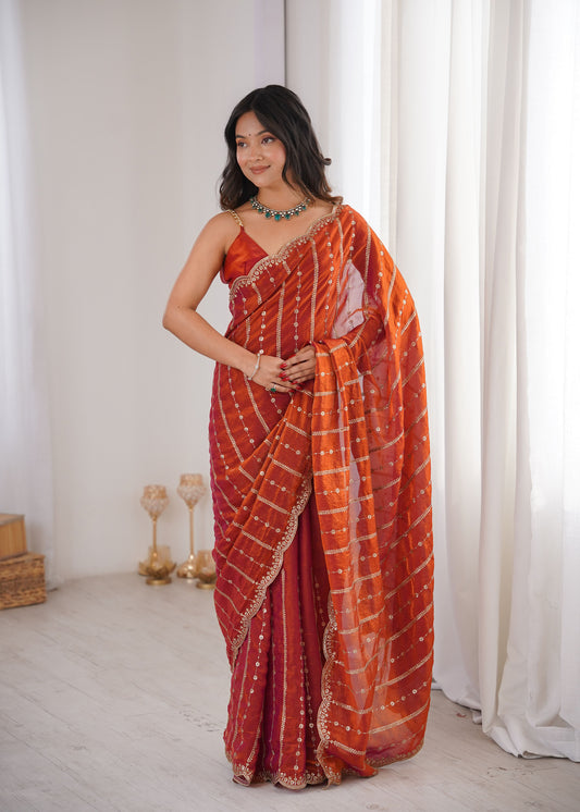 Rust Fendi Satin Sequence Embroidery Saree