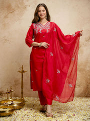 Red Embroiderd Chanderi Cottan Partywear Kurta Set