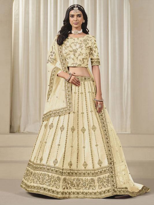 Beige Silk Embroidered Sequins Lehenga Wedding Wear