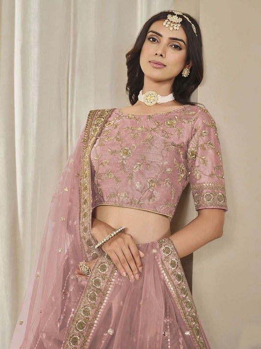 Onion Pink Embroidered Sequins Lehenga Wedding Wear