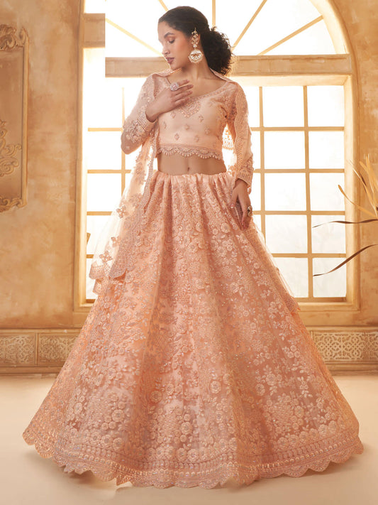 Peach Color Heavy Embroidered Net Lehenga Choli With Dupatta