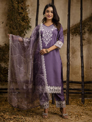 Lavender Embroidered Silk Blend Readymade Salwar Kameez
