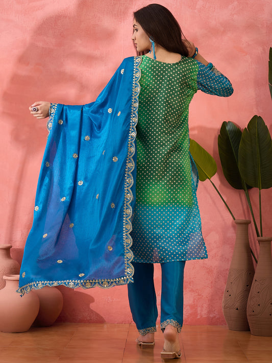 Chinon Salwar Suit In Blue and Green Color