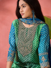 Chinon Salwar Suit In Blue and Green Color