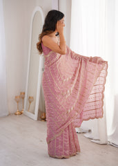 Pink Fendi Satin Sequence Embroidery Saree