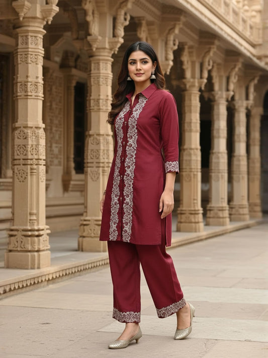 Embroidered Top With Palazzos Co-Ords