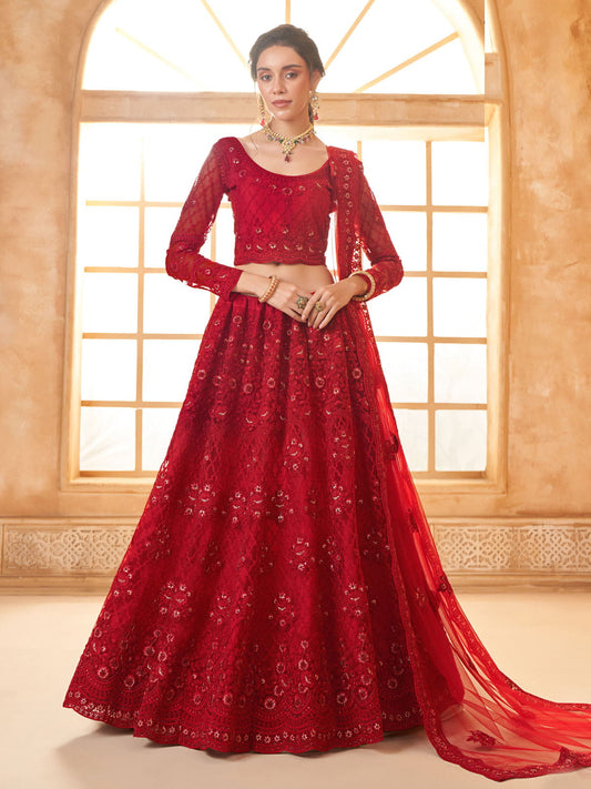 Red Color Heavy Embroidered Net Lehenga Choli With Dupatta