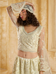 mystrical Ivory Color Heavy Embroidered Net Lehenga Choli With Dupatta
