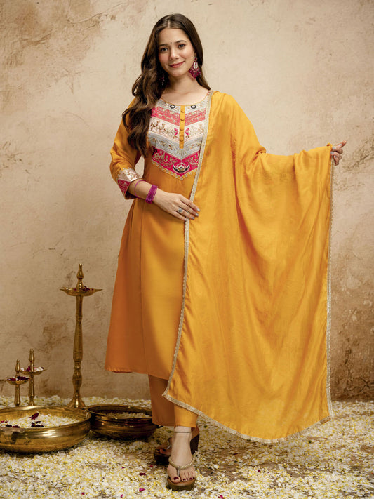 Yellow Designer Chanderi Cottan Partywear Kurta Set